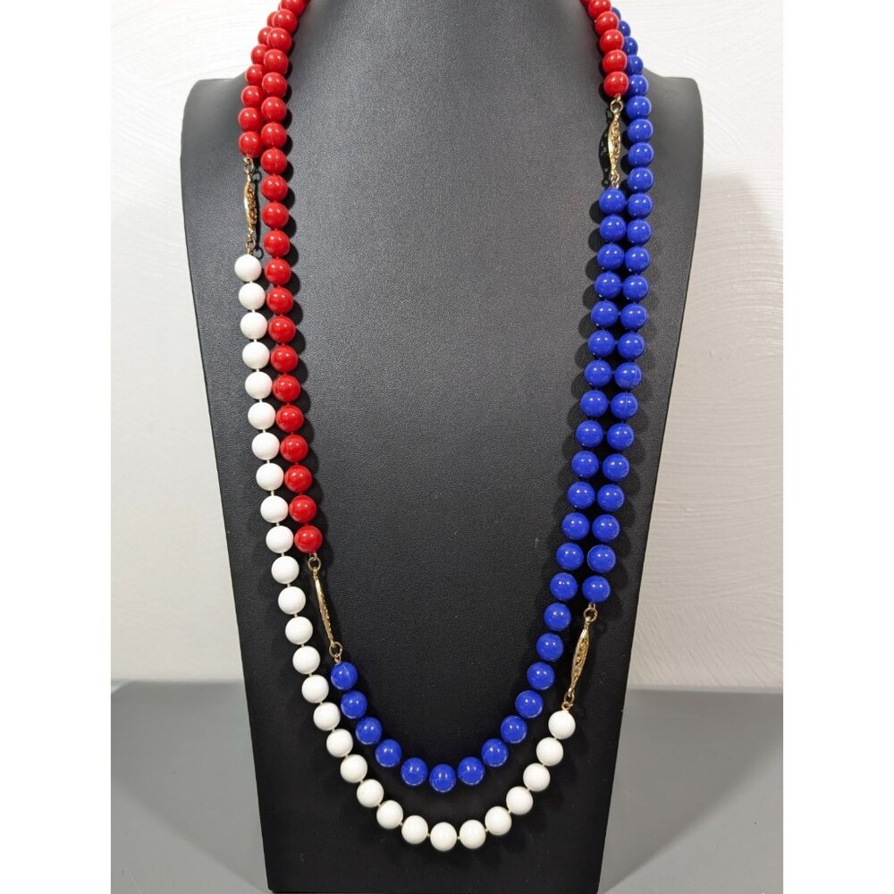 Vintage 68” Red White Blue Bead Necklace Lucite Long Single Strand USA Mod Pop A